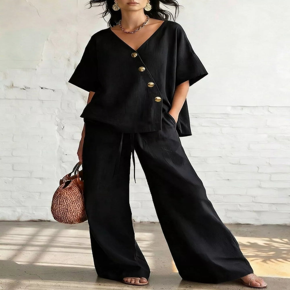 Full Size Surplice Half Sleeve Top and Wide-Leg Pants Set Plus Size - Blue