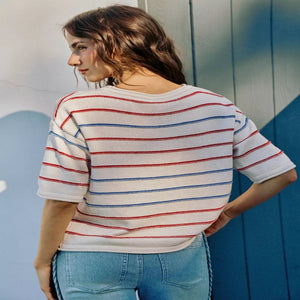 Women's USA stripe knit short sleeve sweater top with patriotic style.