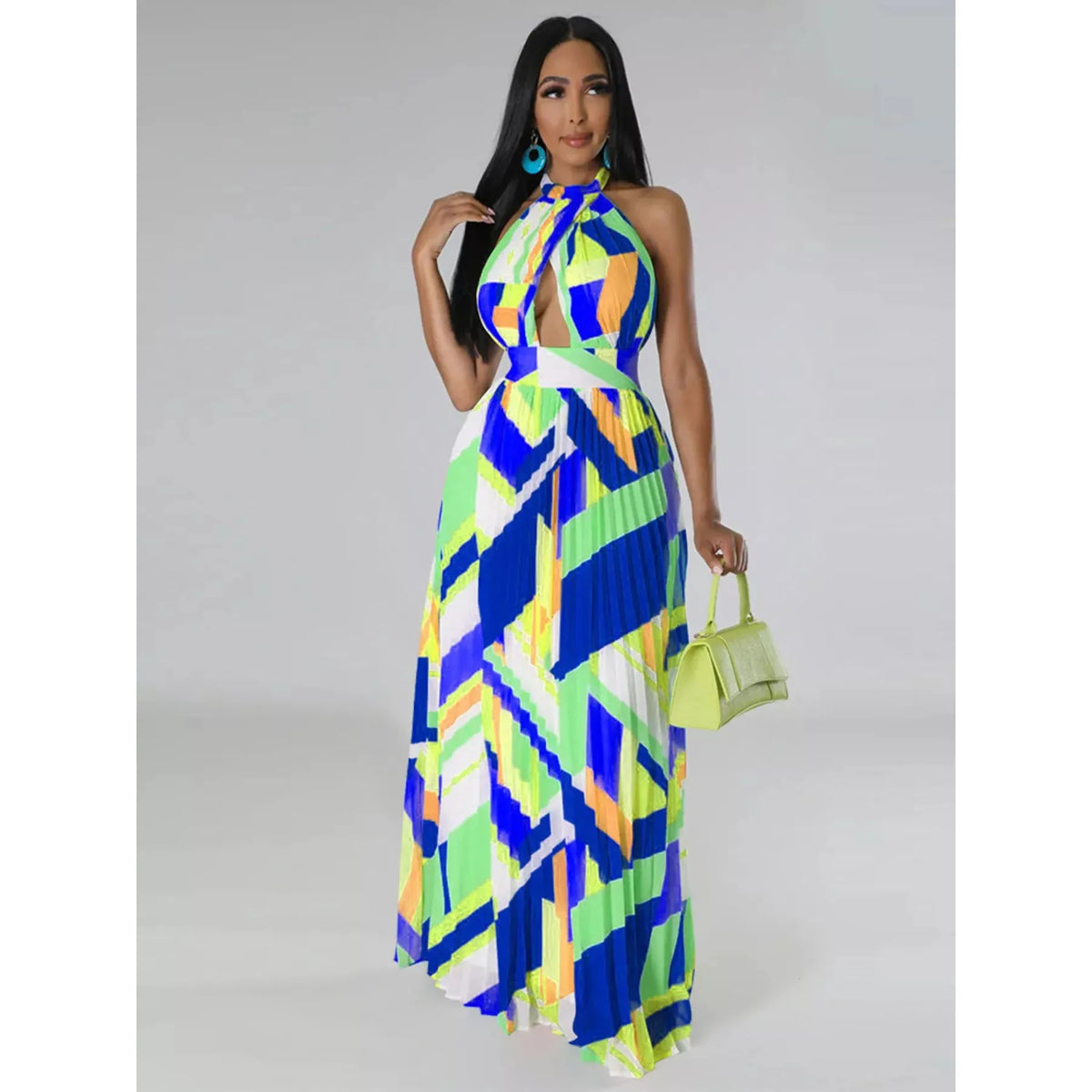 Halter Neck Geometric Print Pleated Maxi Dress - Blue