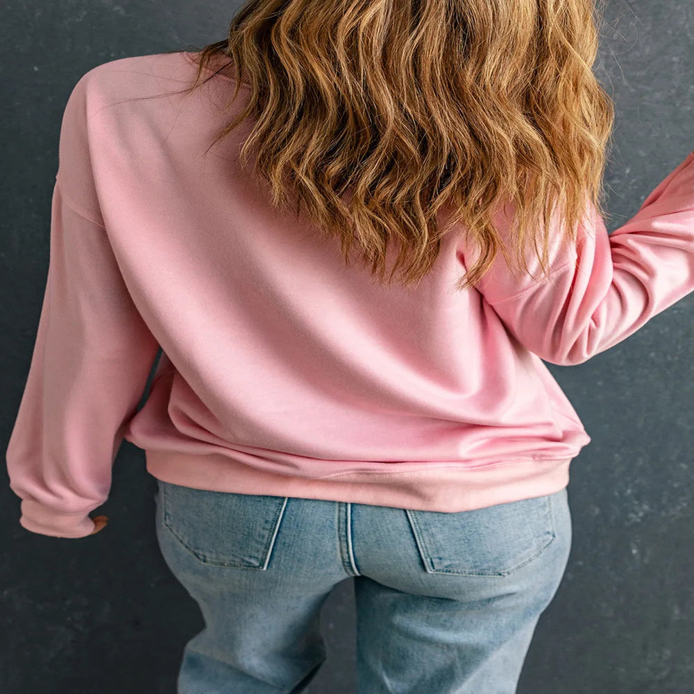 Heart Leopard Round Neck Sweatshirt - Blush Pink