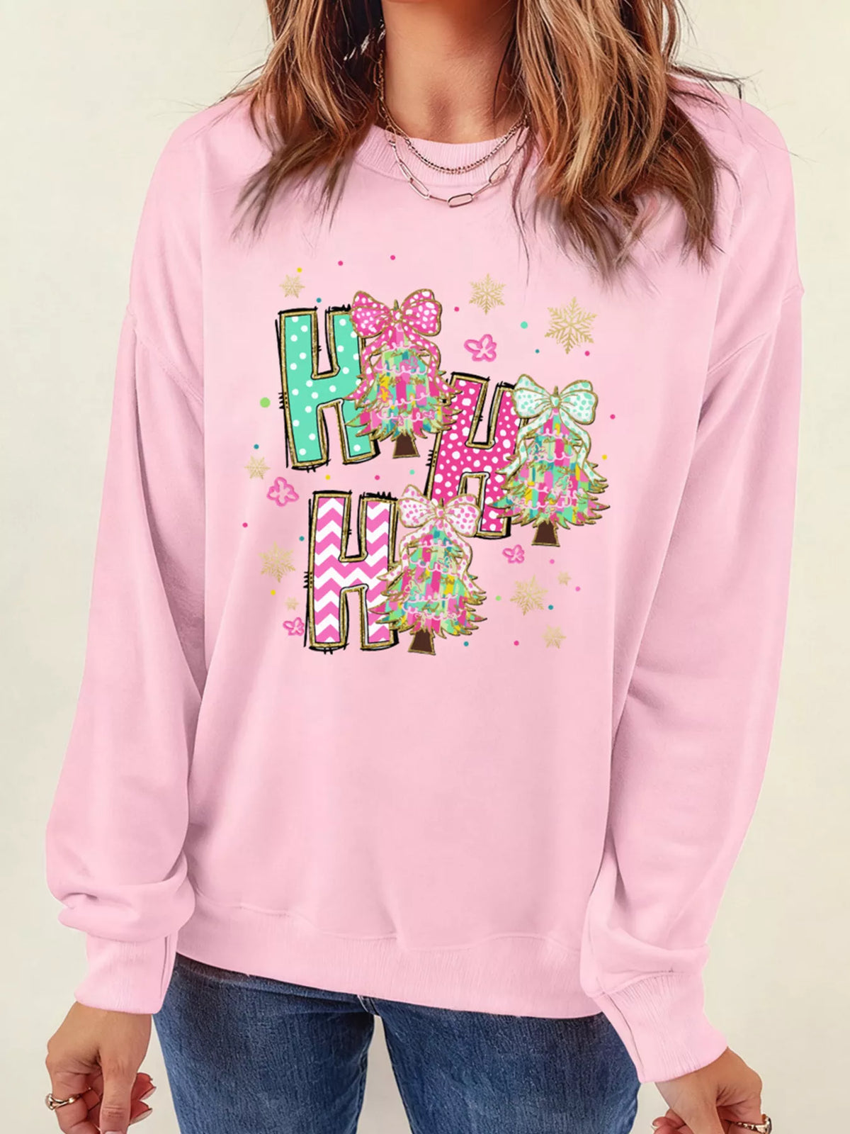 HO HO Christmas Tree Graphic Pullover Sweatshirt - Blush Pink