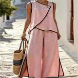 Contrast Trim Top and Slit Pants Set - Apricot