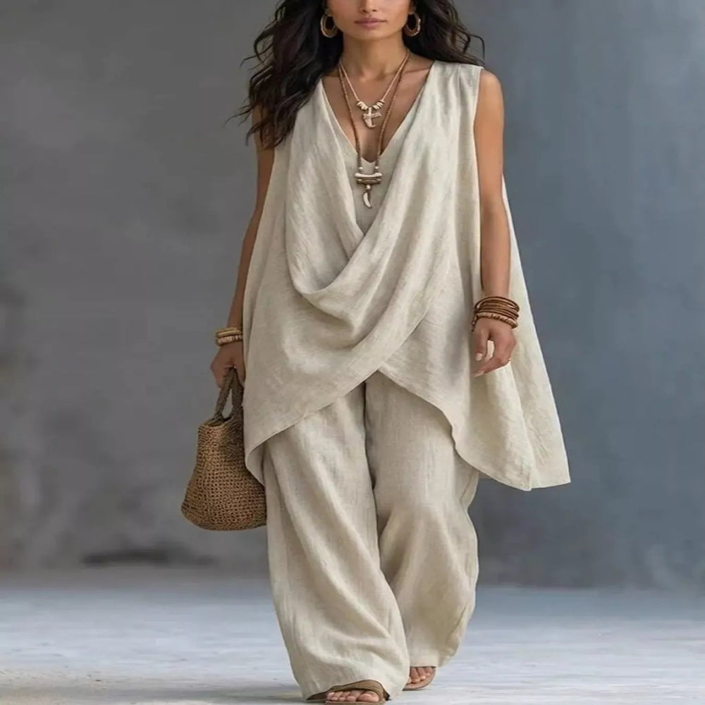 Sleeveless Asymmetrical Top and Wide-Leg Pants Set - Black