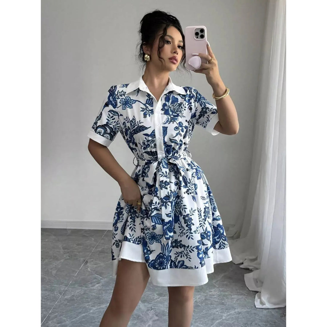 Printed Button Front Mini Dress - Indigo