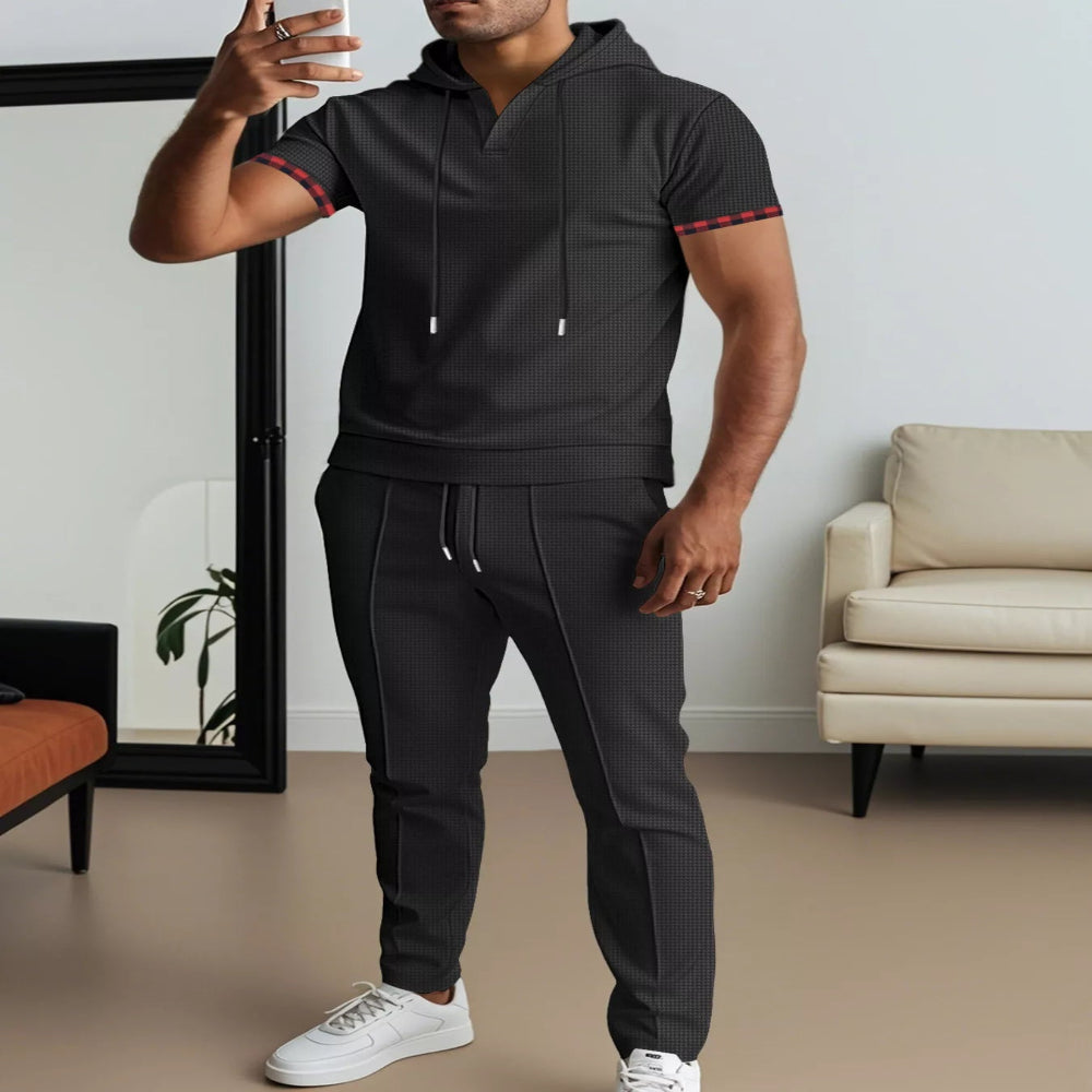Men's Full Size Casual Short-Sleeve Hoodie and Pants Set Plus Size - Black