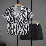 Men's Zebra Print Short Sleeve Shirt and Shorts Set - Black