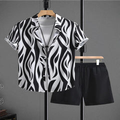Men's Zebra Print Short Sleeve Shirt and Shorts Set - Black