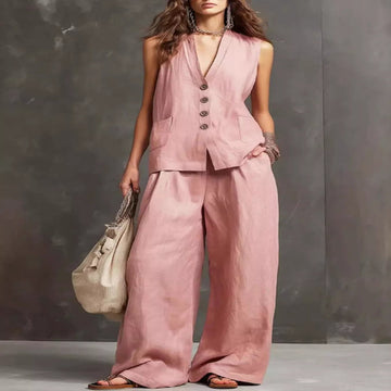 Full Size Sleeveless Vest and Wide-Leg Pants Set Plus Size - Pink