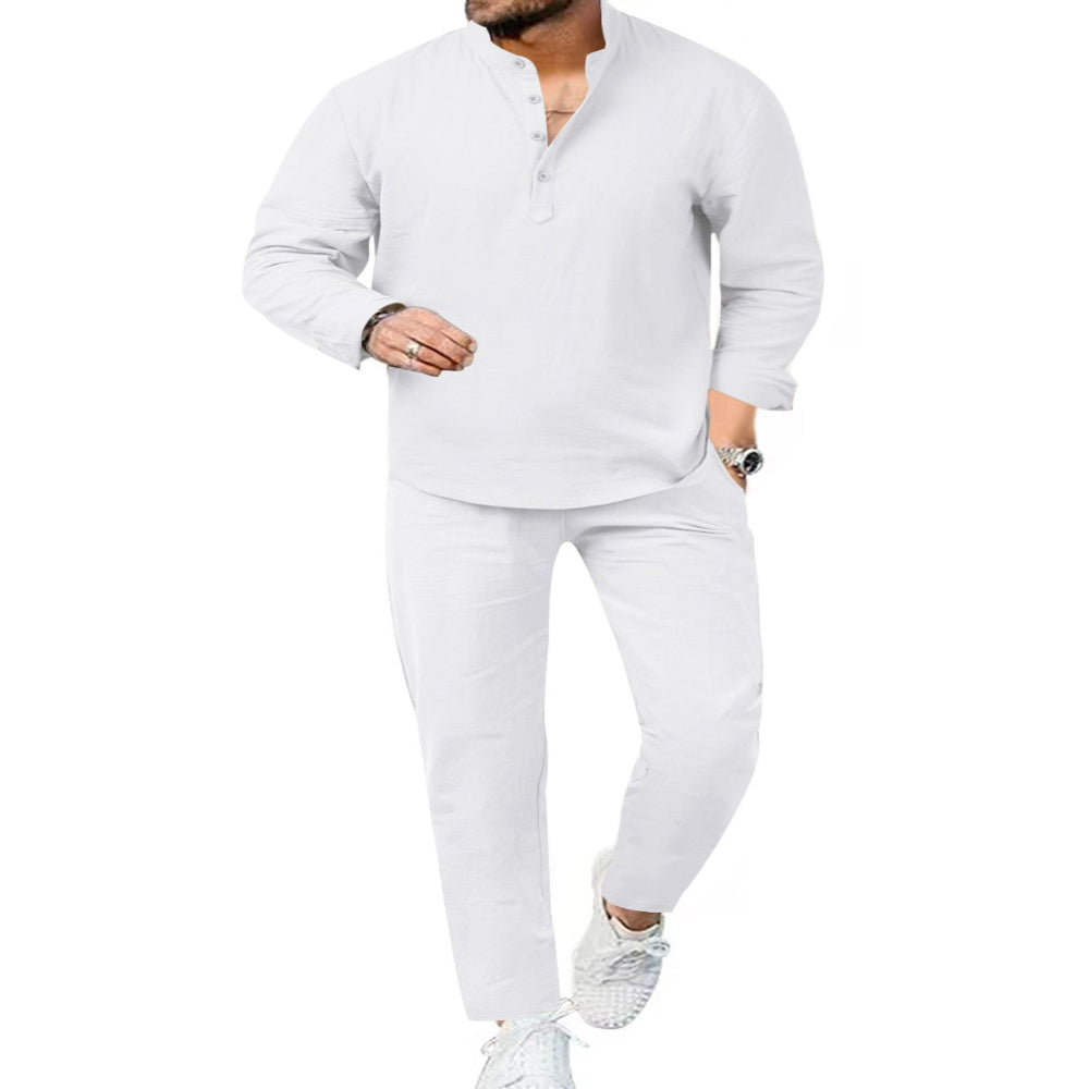 Men's Full Size Casual Long Sleeve Shirt and Pants Set Plus Size - Army Green