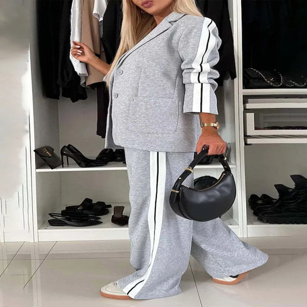 Full Size Contrast Lapel Collar Top and Pants Set - Light Gray