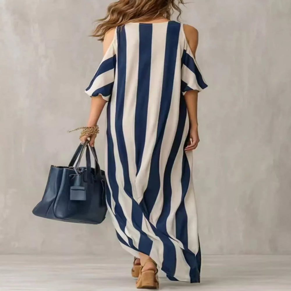 Striped Cold Shoulder Maxi Dress - Dark Blue