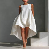 High-Low Round Neck Sleeveless Dress - White