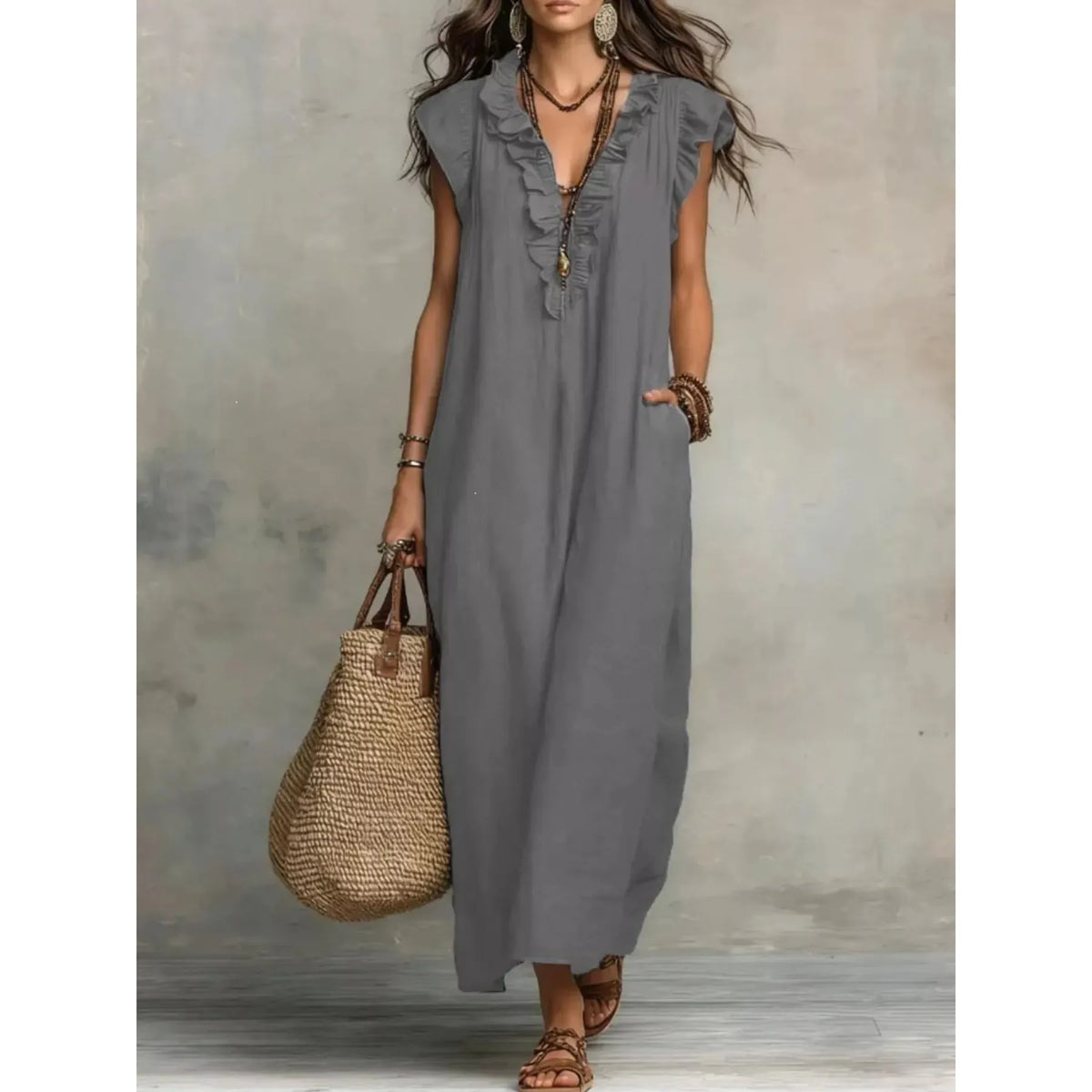 Full Size Ruffled V-Neck Cap Sleeve Maxi Dress Plus Size - White