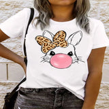Leopard Bow Rabbit Graphic Round Neck Short Sleeve T Shirt - White