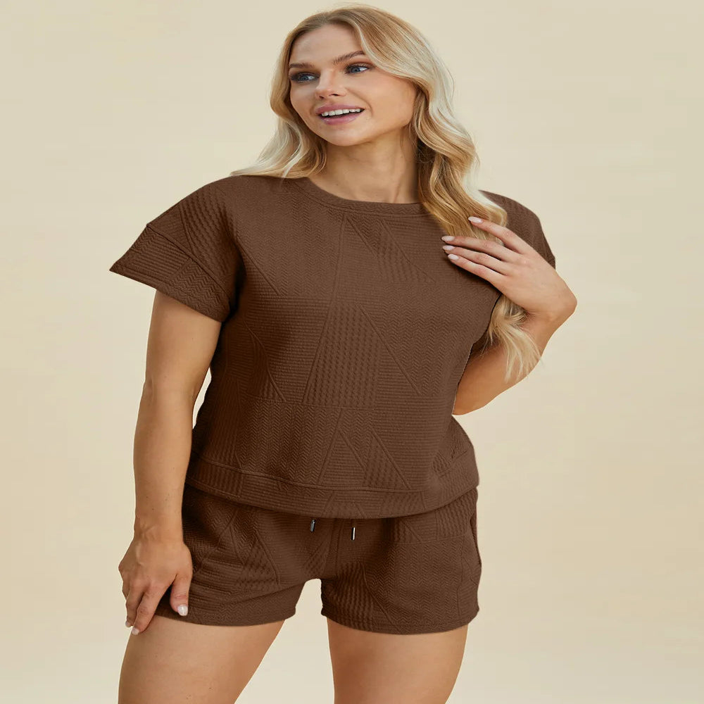 Double Take Full Size Texture Short Sleeve Top and Shorts Set - Gray