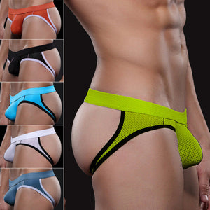 Men wearing breathable cotton mesh low-rise briefs in multiple colors with supportive pouch and comfortable elastic waistband.