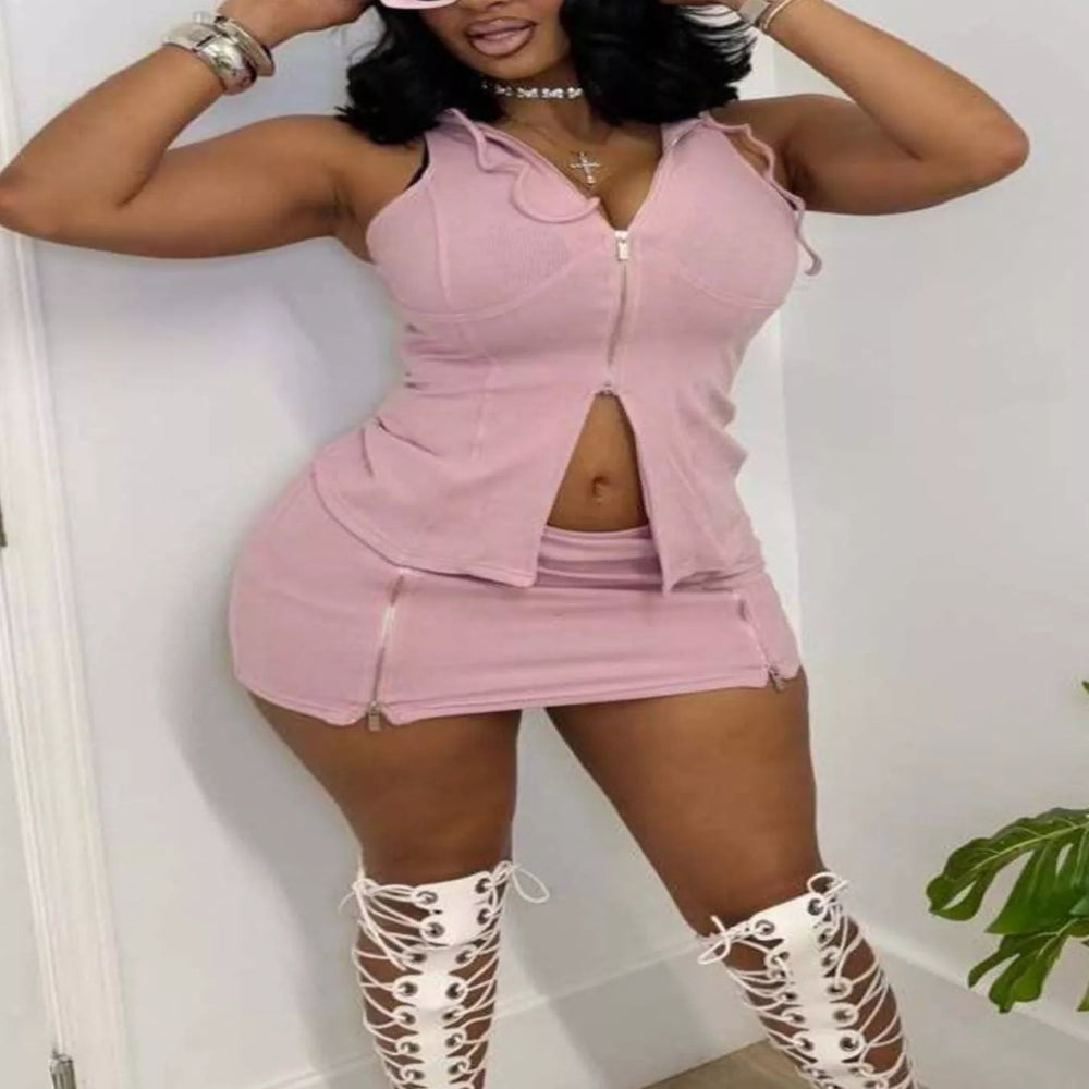 Hooded Zippered Sleeveless Top and Skirt Set - Pink