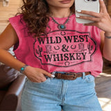 Washed Wild West Whiskey Print Sleeveless Muscle Top - Deep Rose