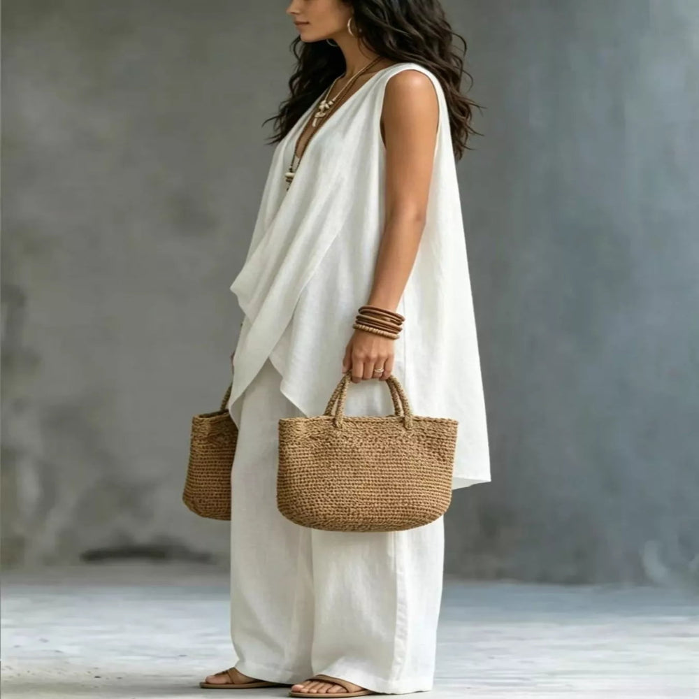 Sleeveless Asymmetrical Top and Wide-Leg Pants Set - White