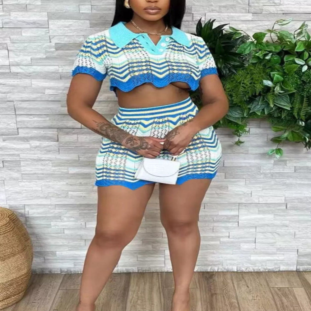 Chevron Knit Polo Crop Top and Mini Skirt Set - Light Blue Stripe