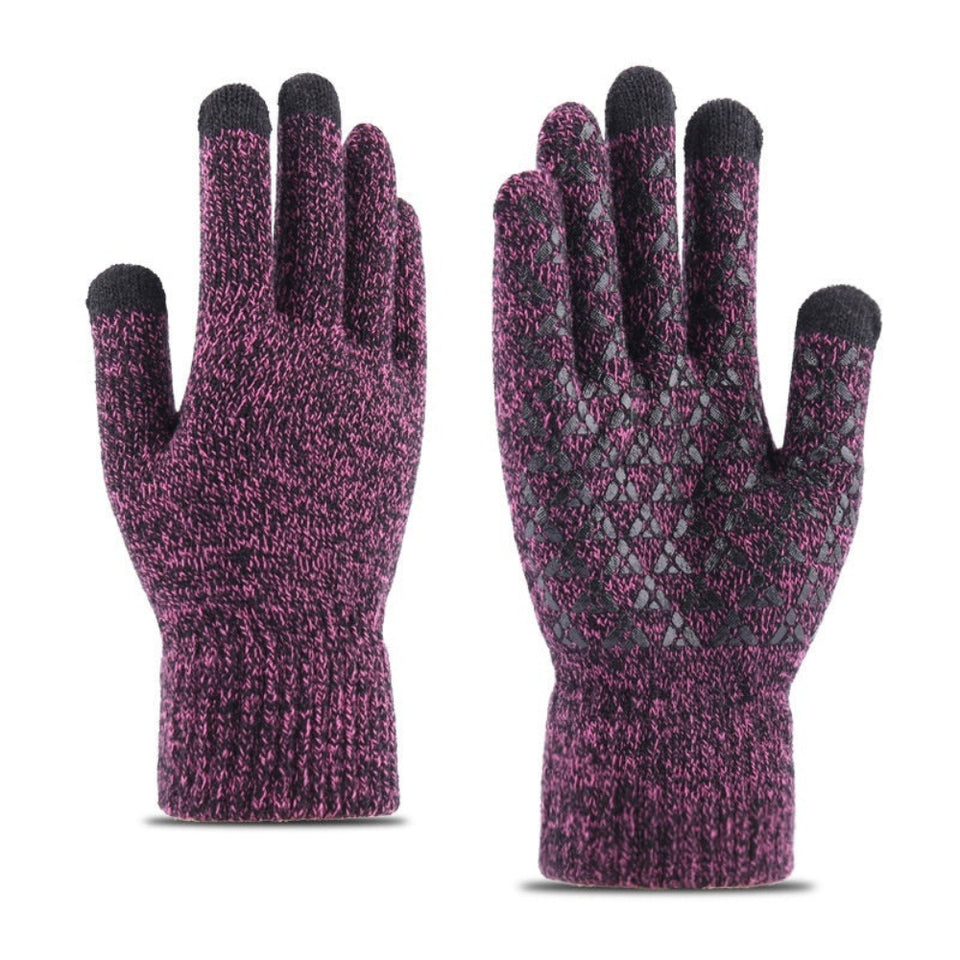 Knitted winter touchscreen wool gloves for men and women with warm soft fabric for cold-weather use.