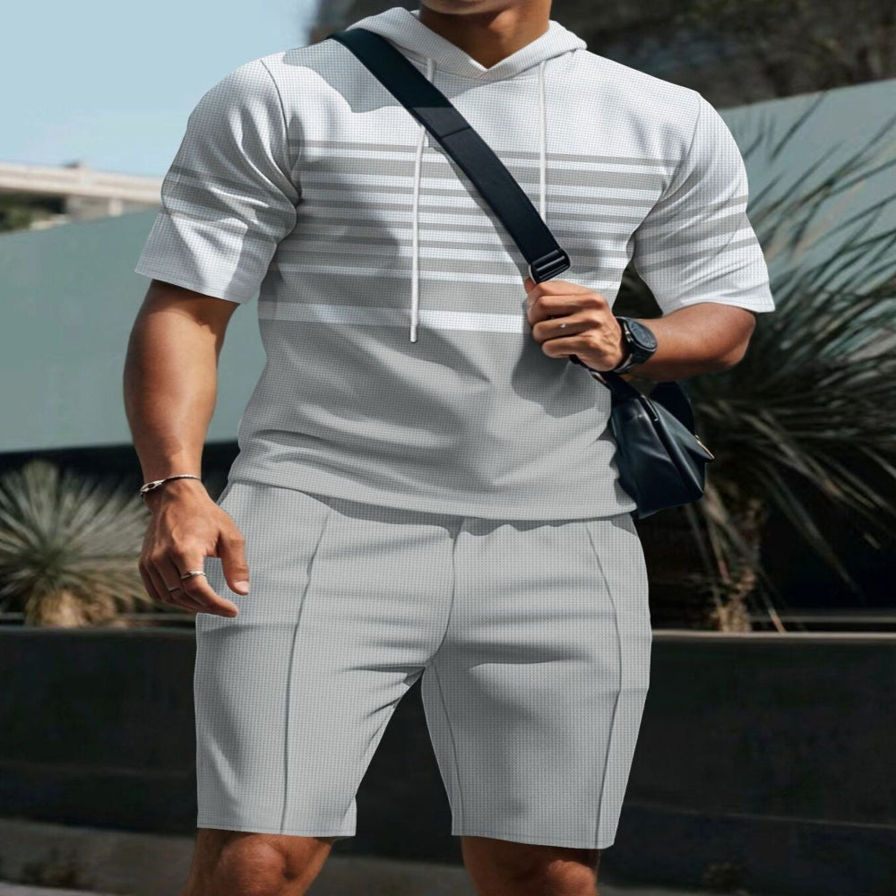 Men's Full Size Striped Short Sleeve Hoodie and Shorts Set Plus Size - Black