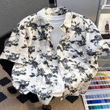 Men's Plus Size Printed Button Up Short Sleeve Shirt - Black