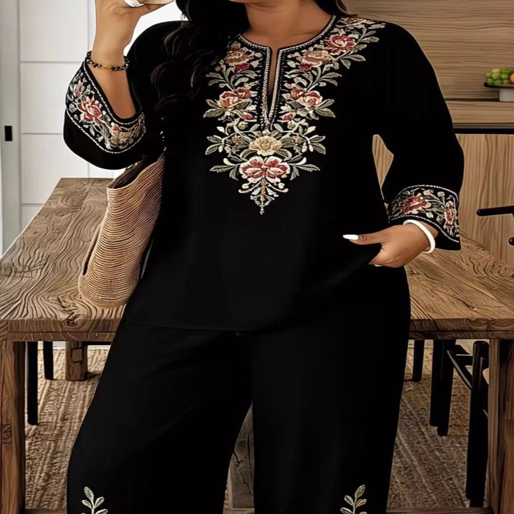 Full Size Embroidered Long Sleeve Top and Pants Set Plus Size - White
