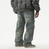 Men's Distressed Plaid Patch Wide Leg Jeans - Blue