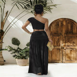 One-Shoulder Top and Ruched Maxi Skirt Set - Black