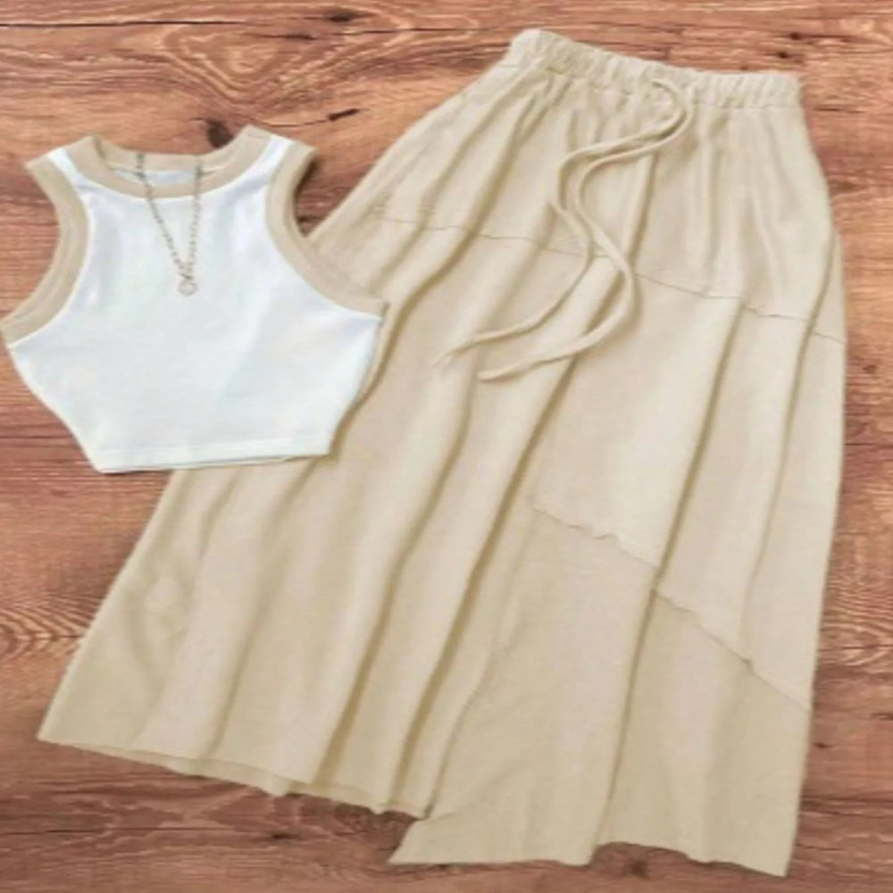Contrast Trim Tank and Drawstring Waist Skirt Set - Khaki