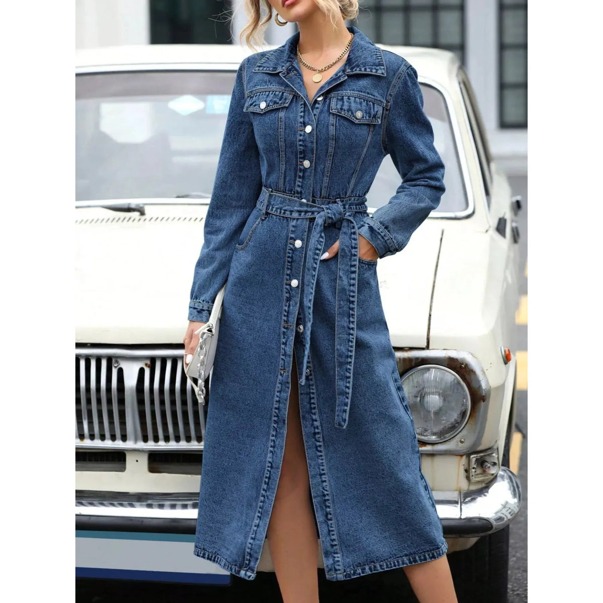 Belted Long Sleeve Denim Dress - Blue