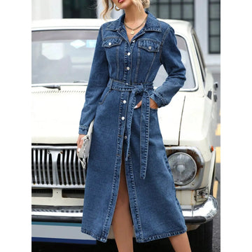 Belted Long Sleeve Denim Dress - Blue
