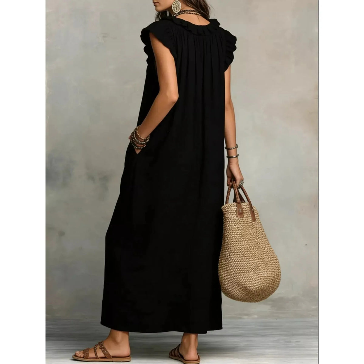 Full Size Ruffled V-Neck Cap Sleeve Maxi Dress Plus Size - Army Green