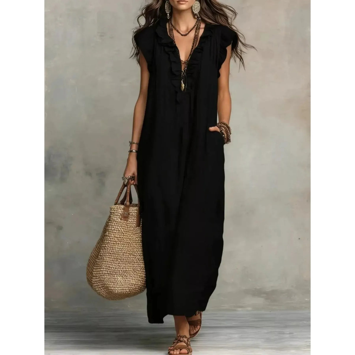Full Size Ruffled V-Neck Cap Sleeve Maxi Dress Plus Size - Army Green
