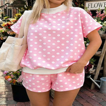 Polka Dot Short Sleeve Top and Shorts Set - Pink