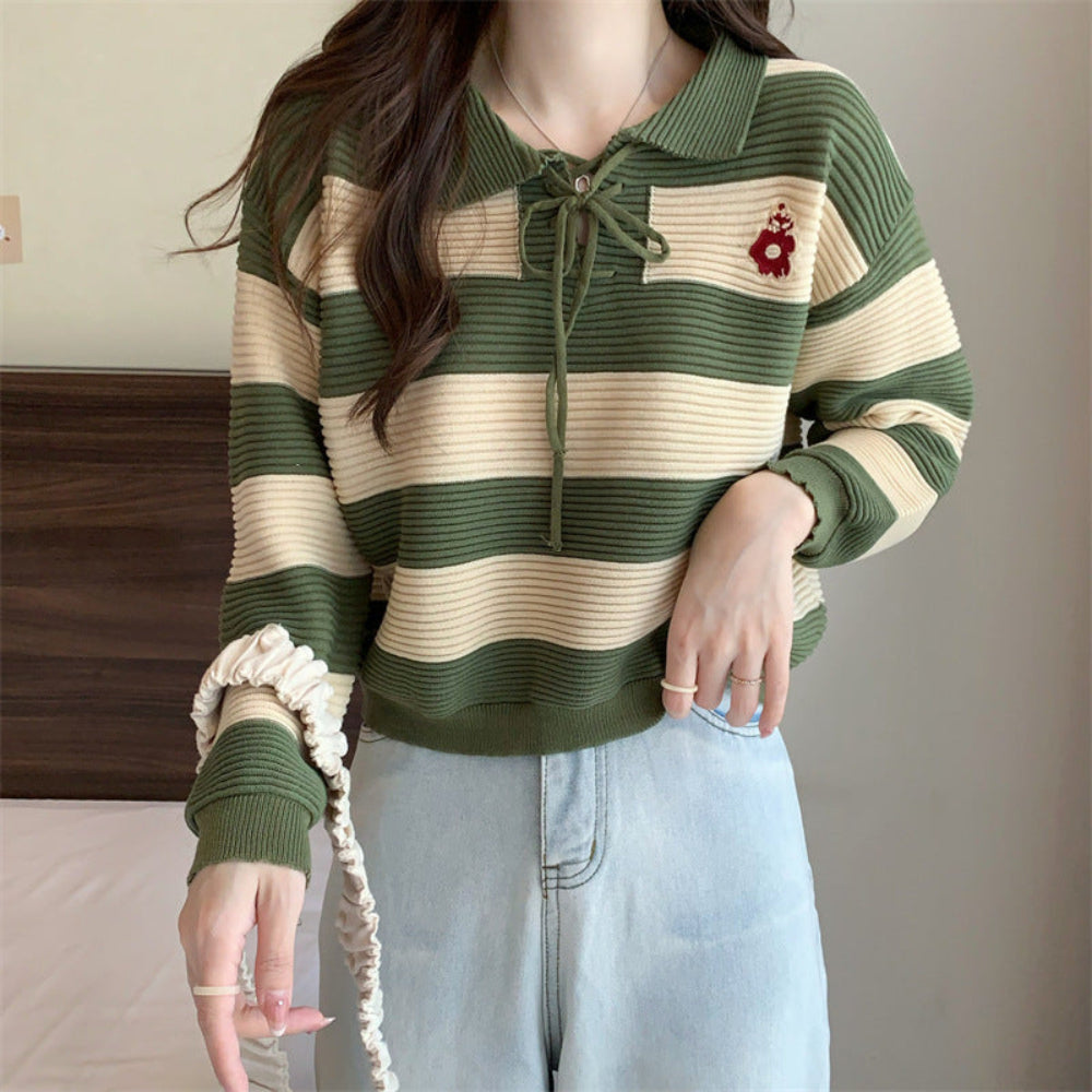 Women's Striped Knit Sweater – Casual Long Sleeve Pullover - Black