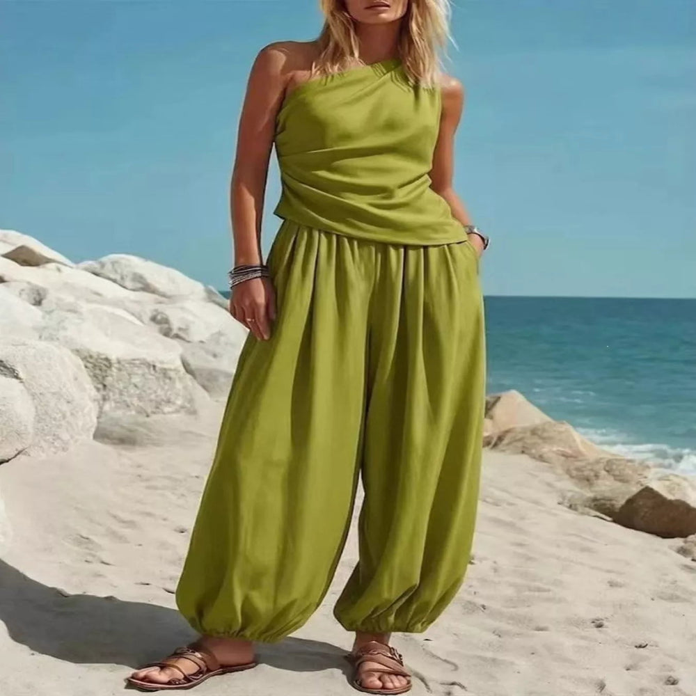 Full Size One-Shoulder Top and Wide-Leg Pants Set Plus Size - Brown