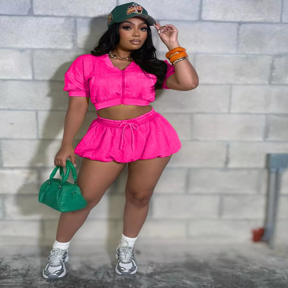 Zip Up Crop Top and Shorts Set - Rose Red