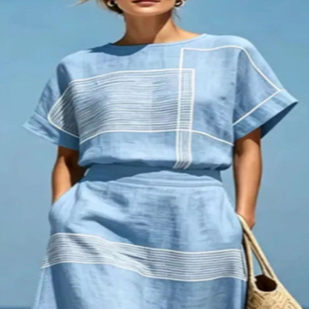 Full Size Striped Round Neck Top And Skirt Set Plus Size - Sky Blue