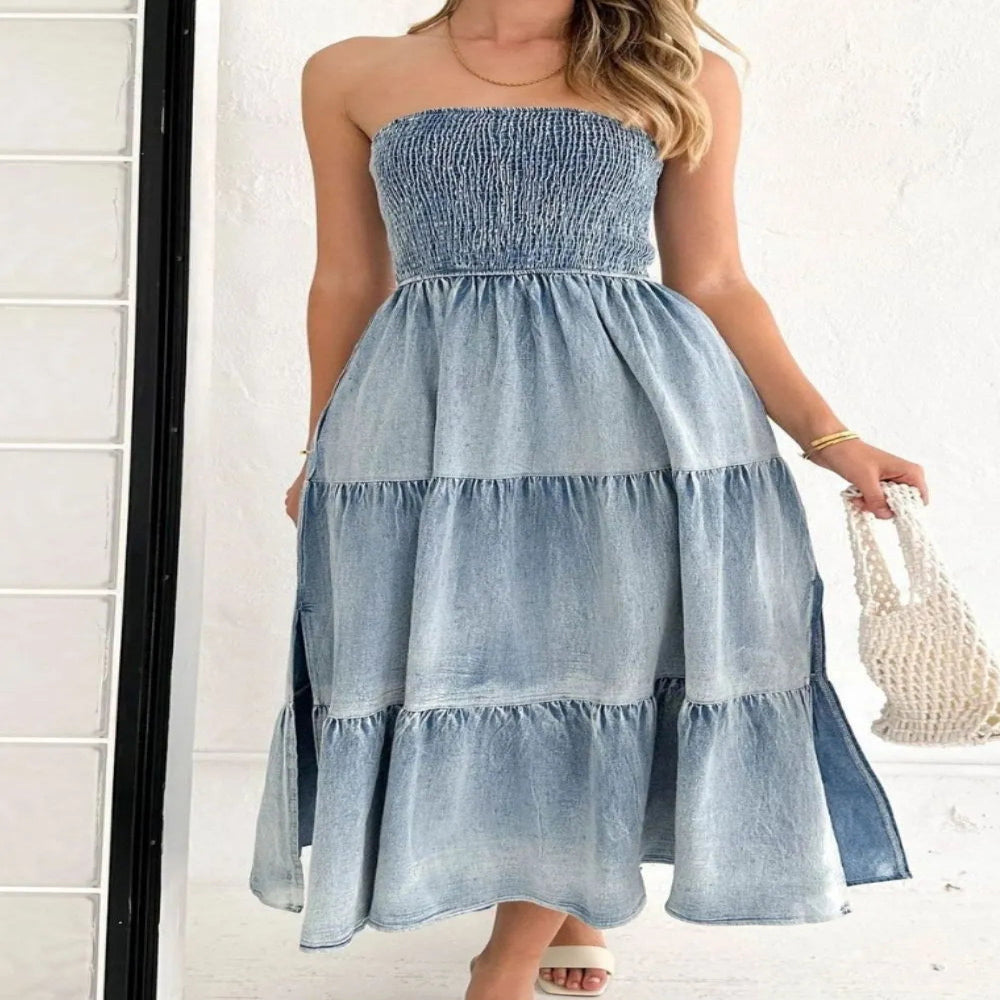 Smocked Tube Slit Tiered Denim Dress - Light Blue