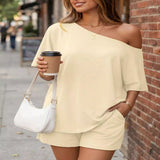 Full Size One Shoulder Top and Shorts Set Plus Size - Black