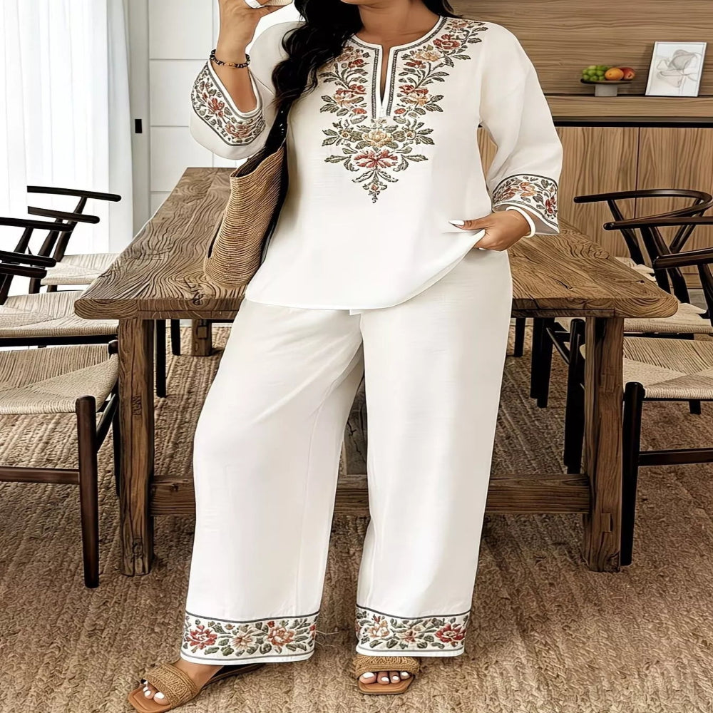 Full Size Embroidered Long Sleeve Top and Pants Set Plus Size - White