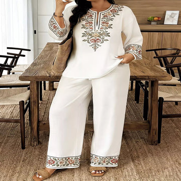 Full Size Embroidered Long Sleeve Top and Pants Set Plus Size - White