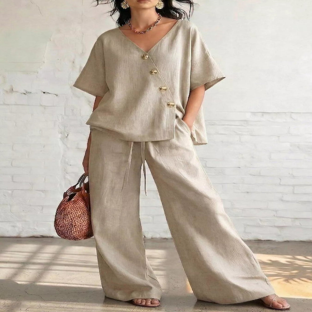 Full Size Surplice Half Sleeve Top and Wide-Leg Pants Set Plus Size - Blue