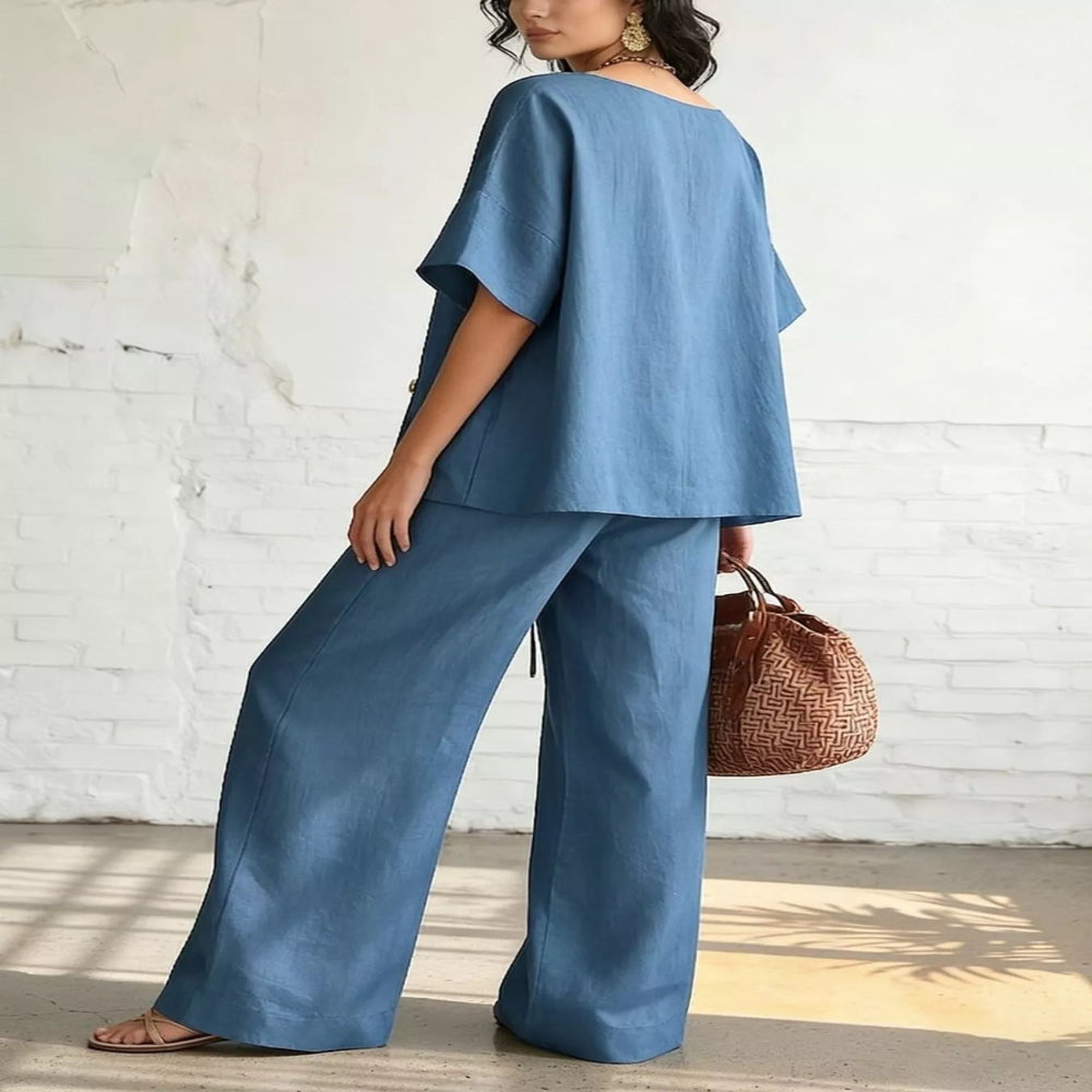 Full Size Surplice Half Sleeve Top and Wide-Leg Pants Set Plus Size - Blue