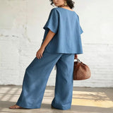 Full Size Surplice Half Sleeve Top and Wide-Leg Pants Set Plus Size - Blue
