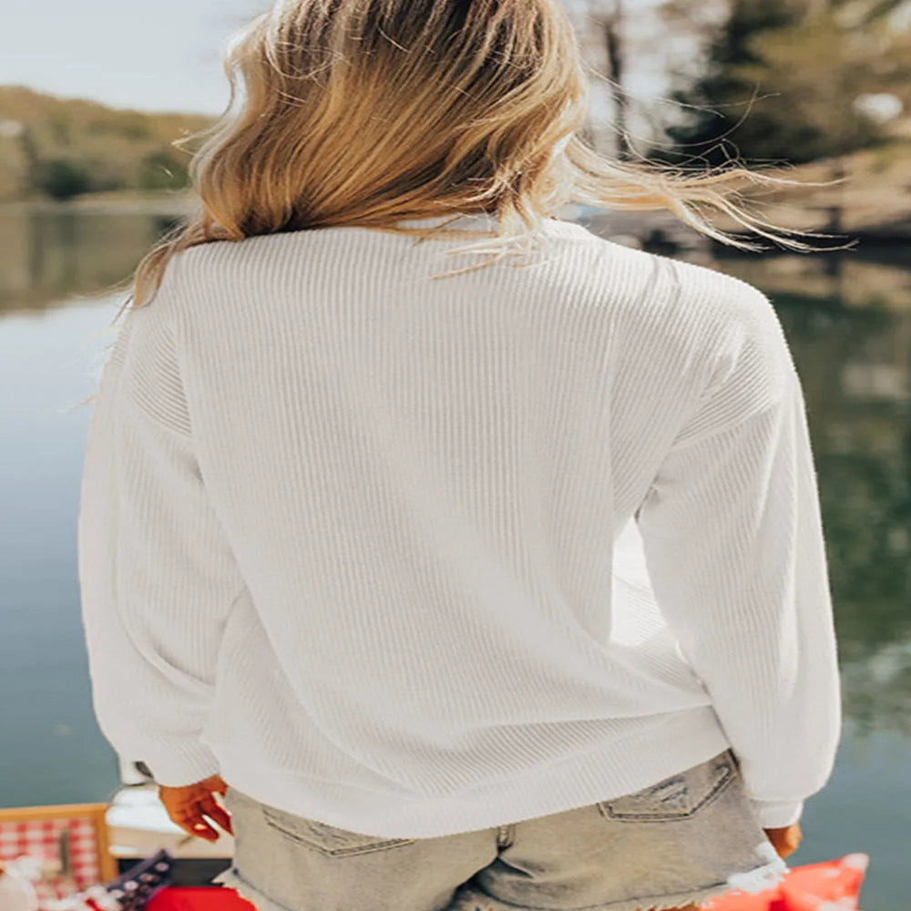US Flag Corded Long Sleeve Sweatshirt - White