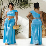 One-Shoulder Top and Ruched Maxi Skirt Set - Black