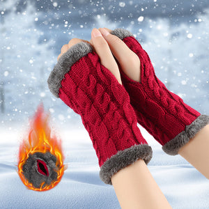 Women's knitted fingerless plush winter gloves with soft fleece lining.